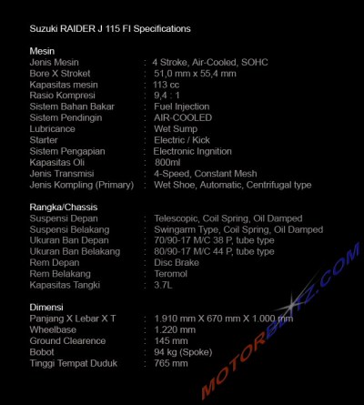 Suzuki RAIDER J 115 FI Specifications